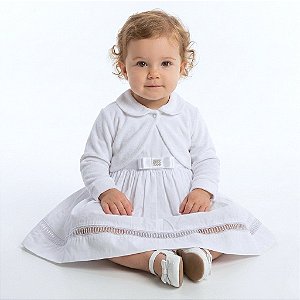 Vestido de Bebê e Infantil Branco com Bolero em Plush 100% Algodão 2 Peças 2 Meses a 6 Anos Batizado