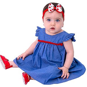 Vestido de Bebe Infantil Menina Azul Jeans 100% Algodão 2 Meses até 6 Anos Mundo Nina