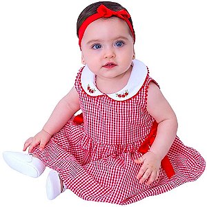 Vestido de Bebê e Infantil 100% Algodão Xadrez Vermelho 2 Meses até 6 Anos Giulia