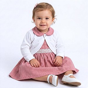 Vestido de Bebê Infantil Menina com Bolero em Plush com aplique em Pérola 100% Algodão 2 Meses a 6 Anos Carol
