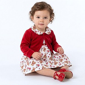 Vestido de Bebê 100% Algodão Menina Infantil Estampado com Bolero em Plush 2 Meses até 6 Anos Laura