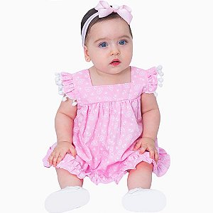 Vestido de Bebê Infantil com Pom Pom 100% Algodão 2 Meses a 6 Anos Maria