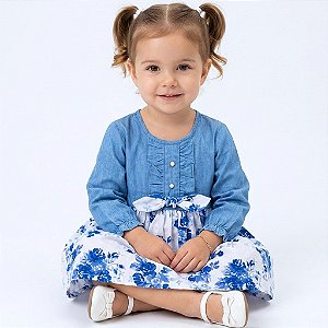 Vestido de Bebê e Infantil Manga Longa Jeans Florido 100% Algodão 2 Meses a 6 Anos Sara