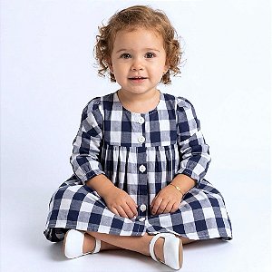 Vestido de Bebê Xadrez Azul Luxo Manga Longa 100% Algodão 2 Meses a 4 Anos Valentina