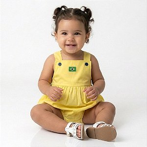 Macacão Bebê Amarelo Brasil Jardineira Menina Copa do Mundo 100% Algodão