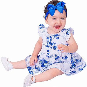Vestido de Bebê Floral Azul Luxo Festa 100% Algodão 2 Meses a 6 Anos Rafaela