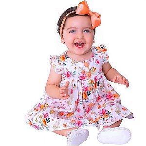 Vestido de Bebê Infantil Toque Macio estiloso Floral Laranja 100% Algodão 2 Meses até 6 Anos Juliana