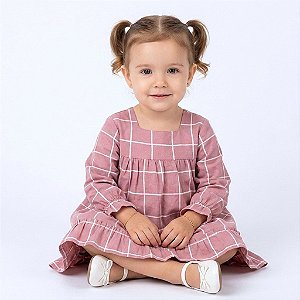 Vestido de Bebê Infantil Menina Manga Longa Xadrez Rose 100% Algodão 2 Meses a 4 Anos Larissa