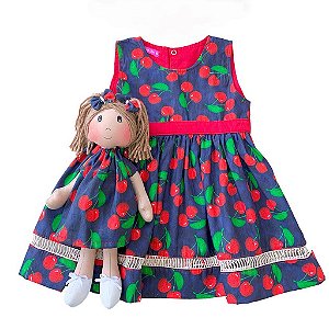 Kit Vestido Bebê Infantil Menina com Boneca 100% Algodão Luxo Presente Mundo Nina 2 Meses até 6 Anos Cereja