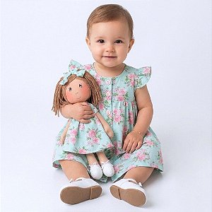 Vestido Bebê Infantil Menina com Boneca de pano 100% Algodão Presente 2 Meses a 6 Anos Estampado - Flor