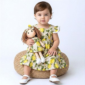 Kit Vestido com Boneca de Pano 100% Algodão Estampa Limão Siciliano