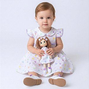 Kit Vestido com Boneca de pano 100% Algodão Rebeca 2 Meses a 4 Anos