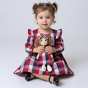 Vestido Bebê e Infantil Xadrez Manga Longa com Boneca de Pano 2 Meses a 6 Anos CECILIA