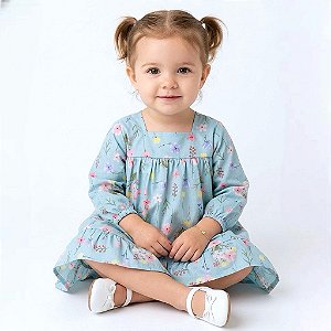 Vestido de Bebê e Infantil Manga Longa Florido 100% Algodão 2 Meses a 6 Anos Aurora