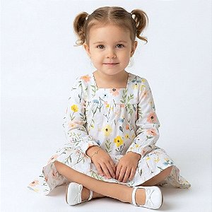 Vestido de Bebê e Infantil Manga Longa Florido 100% Algodão 2 Meses até 6 Anos - Malu