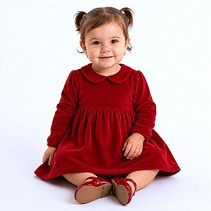 Vestido Infantil Menina em Plush Vermelho Luxo Manga Longa 2 Meses a 6 Anos
