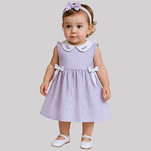 Vestido Bebê Infantil Menina Xadrez Lilás 100% Algodão Mundo Nina 2 Meses até 8 Anos Barbara
