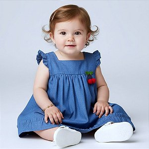 Vestido Bebê Infantil Premium com Estampa Jeans 100% Algodão e aplique de Cereja 2 Meses a 6 Anos
