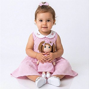 Kit Vestido com Boneca de pano Infantil Xadrez Rosa Conforto Luxo 100% Algodão 2 Meses até 4 Anos Clara