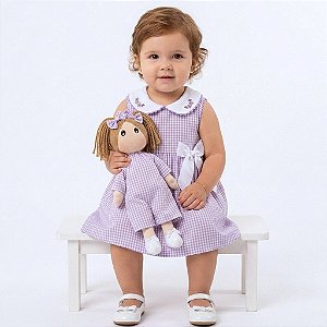 Kit Vestido e Infantil com Boneca de Pano 100% Algodão 2 Meses a 6 Anos Barbara