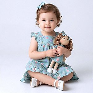 Vestido Bebê e Infantil Aurora em 100% Algodão com Boneca de Pano 2 Meses a 6 Anos