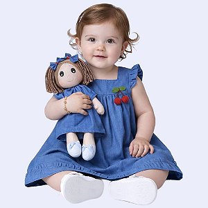 Vestido Jeans Azul com 100% Algodão Aplique de Cereja e Boneca de Pano 2 Meses a 8 Anos Catarina