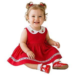 Vestido Bebê e Infantil com Cerejinha bordado na gola branca 100% Algodão 2 Meses a 8 Anos Marina