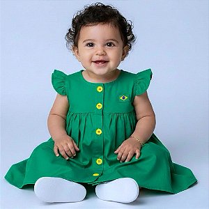 Vestido Bebê Menina e Infantil Verde 100% Algodão Confortável Macio 2 Meses a 6 Anos Copa Brasil