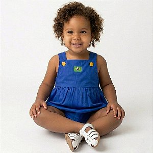 Macacão Bebê Azul Brasil Jardineira Menina Copa do Mundo 100% Algodão