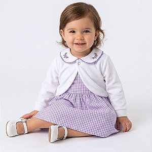 Kit 2 Peças Vestido Bebê Menina Xadrez Lilás 100% Algodão + Bolero Plush 2 Meses a 8 Anos Barbara