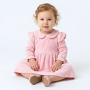 Vestido Bebê Menina Infantil Plush Rosa Manga Longa com Gola Toque Macio Frio Inverno 2 Meses ao 6 Anos