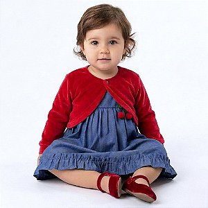 Vestido Bebê e Infantil Azul Jeans Aplique Cereja com Bolero Plush Vermelho 2 Meses a 6 Anos