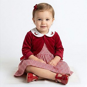 Vestido Bebê Infantil Menina Xadrez Vermelho com aplique Bolero Plush toque macio e confortável 2 meses a 6 anos Giulia
