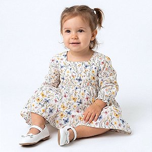 Vestido para Bebê e Infantil Florido Manga Longa 2 Meses a 6 Anos 100% Algodão Antonella