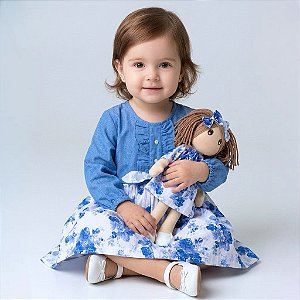Kit Vestido Bebe Infantil 100% Algodão com Boneca de Pano 2 Meses a 6 Anos Sara