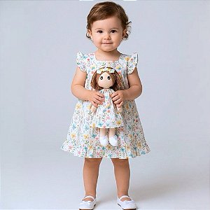 Kit Vestido Bebê Menina Florido Premium com Boneca 100% Algodão Manga Curta