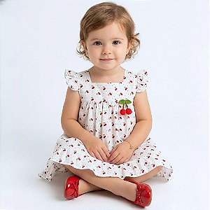 Vestido Bebê Menina 100% Algodão Estampa Cereja 2 Meses a 6 Anos
