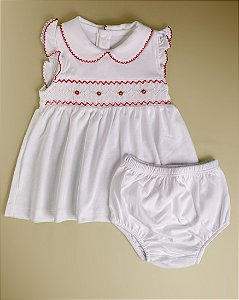 Vestido Smock Vermelho e Branco MC - Branco Liso
