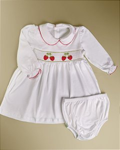 Vestido Smock Morangos ML - Branco Liso
