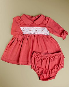 Vestido Smock Flor e Cabinho Verde ML - Coral