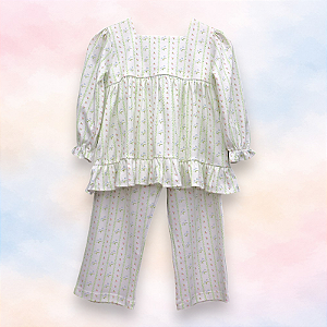 Pijama Gola Quadrada Blusa e Calça - Faixa com Flores
