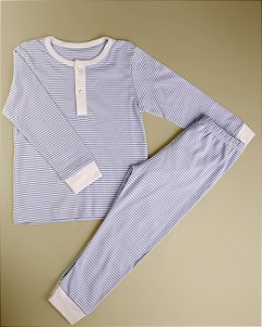 Pijama Blusa e Calça ML - Listrado Azul Fino