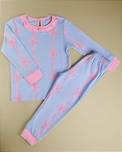 Pijama Blusa e Calça ML - Laço Rosa com Celeste
