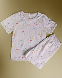 Pijama Blusa e Shorts MC - Flor e Pontos Coloridos