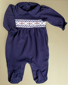 Macacão Smock Florzinha Vermelha - Azul Marinho Liso