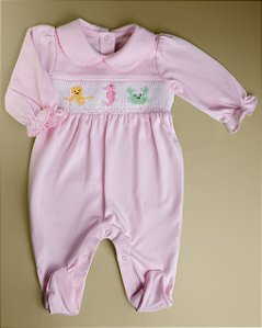 Macacão Smock Animais Marinhos Menina - Rosa Liso