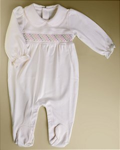 Macacão Smock Pontos Rosa e Cinza - Off-White