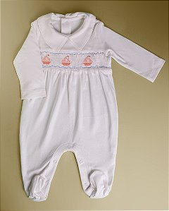 Macacão Smock Barco Salmão - Branco Liso