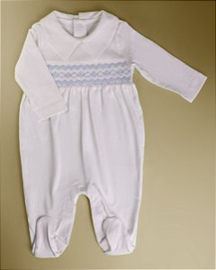 Macacão Smock Losango Azul - Branco Liso