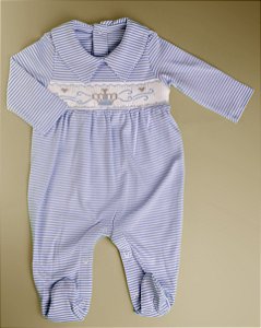 Macacão Smock Coroa Azul - Listrado Azul Fino